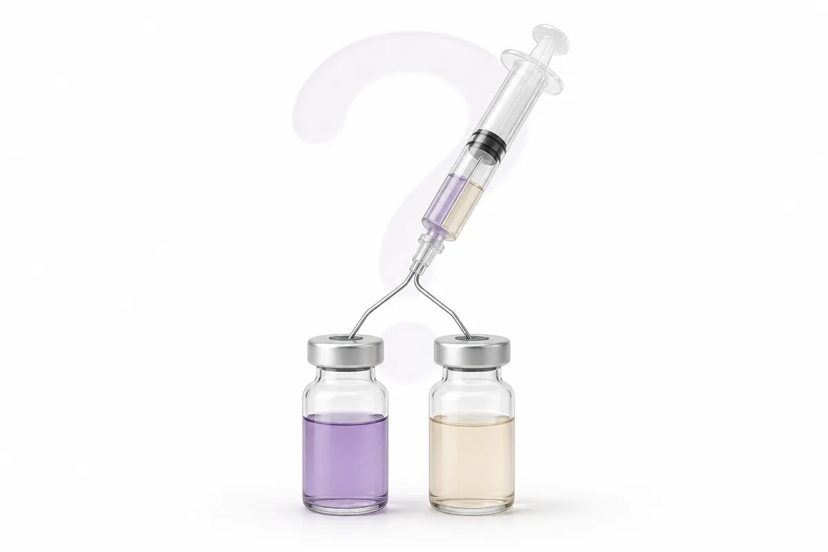 Two reconstituted peptide vials beside a single insulin syringe and a pen cartridge