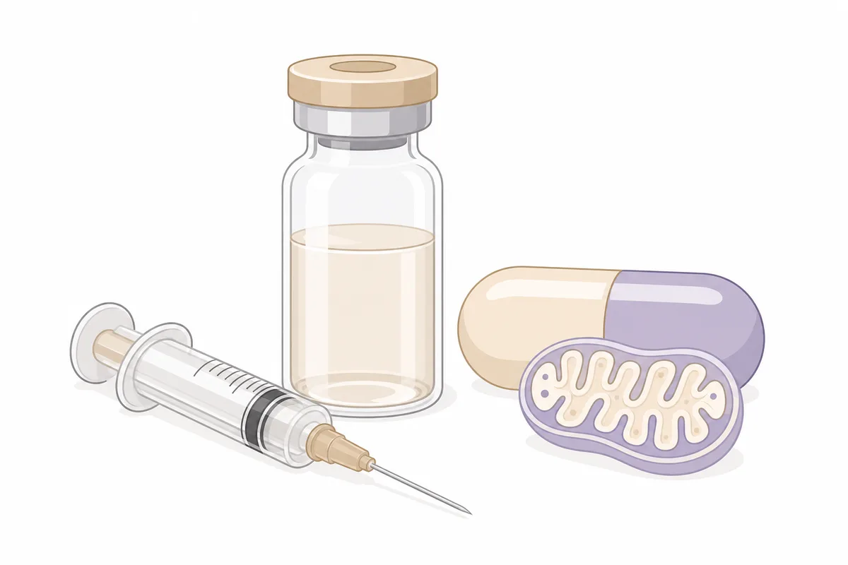 A NAD-plus vial and syringe beside an NMN capsule and a cell