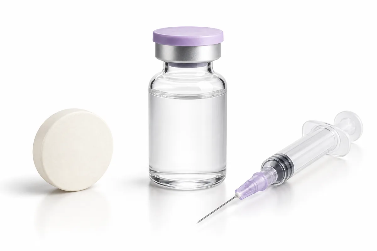 A tablet on the left and a syringe on the right with a vial between them, illustrating oral versus injectable semaglutide