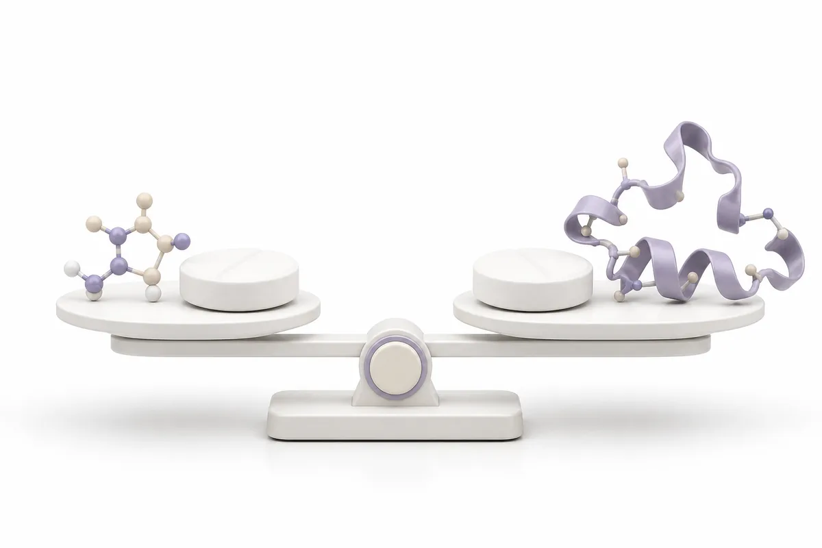 Two white tablets on a balance, one with a small molecule and one with a peptide ribbon, illustrating orforglipron versus oral semaglutide