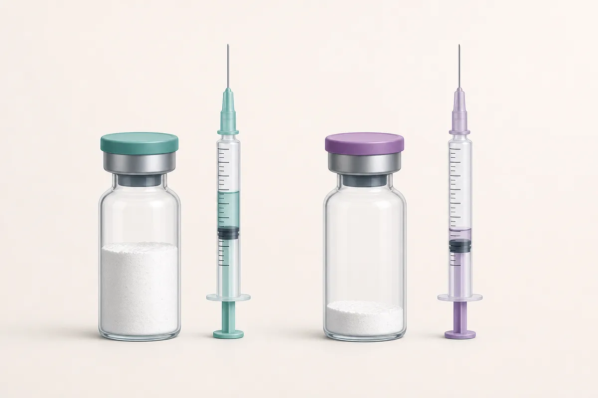A P21 peptide vial next to a U-100 insulin syringe with the plunger drawn to a marked unit line, illustrating dosing math.