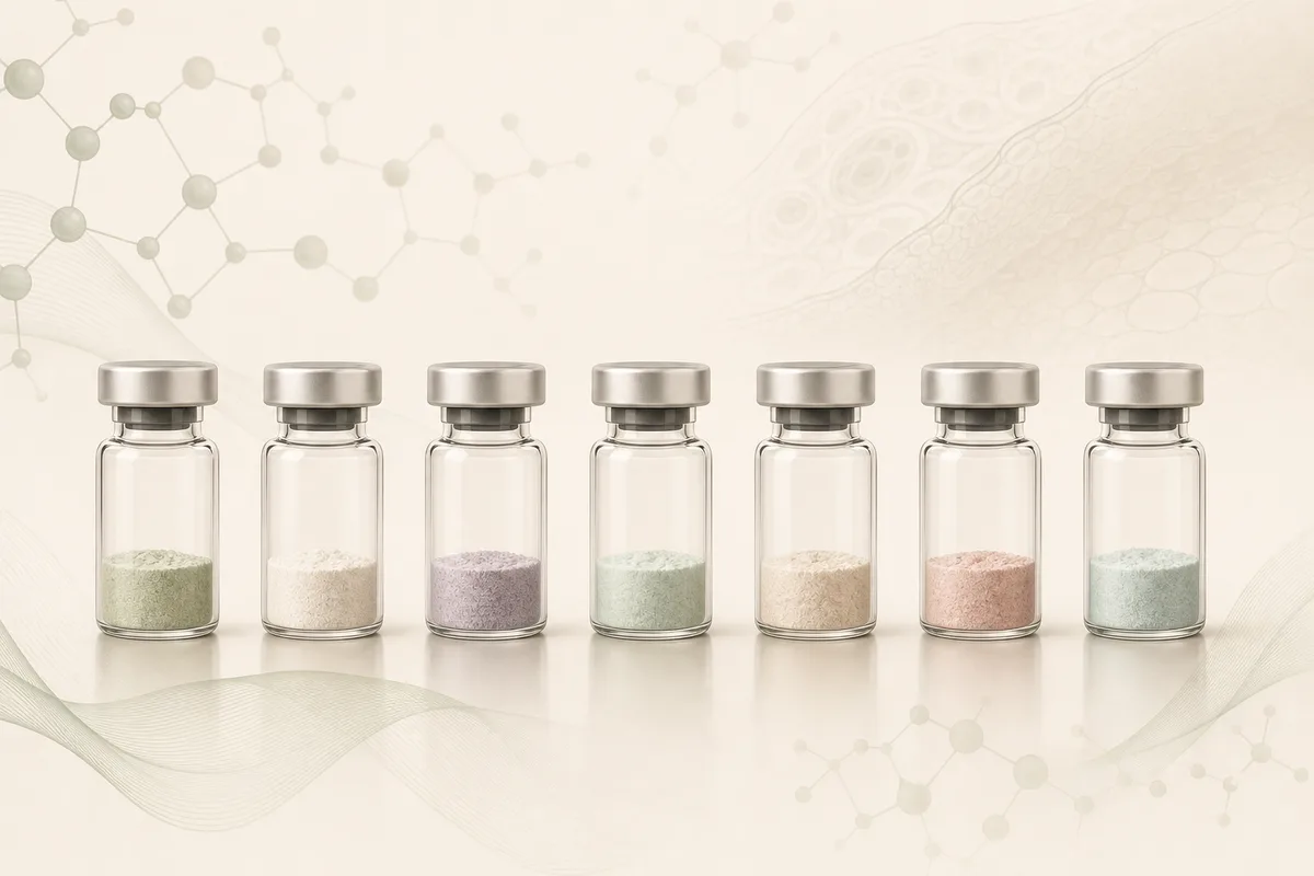 A neat row of small peptide vials in different muted tones, representing the family of tissue-specific Khavinson bioregulators
