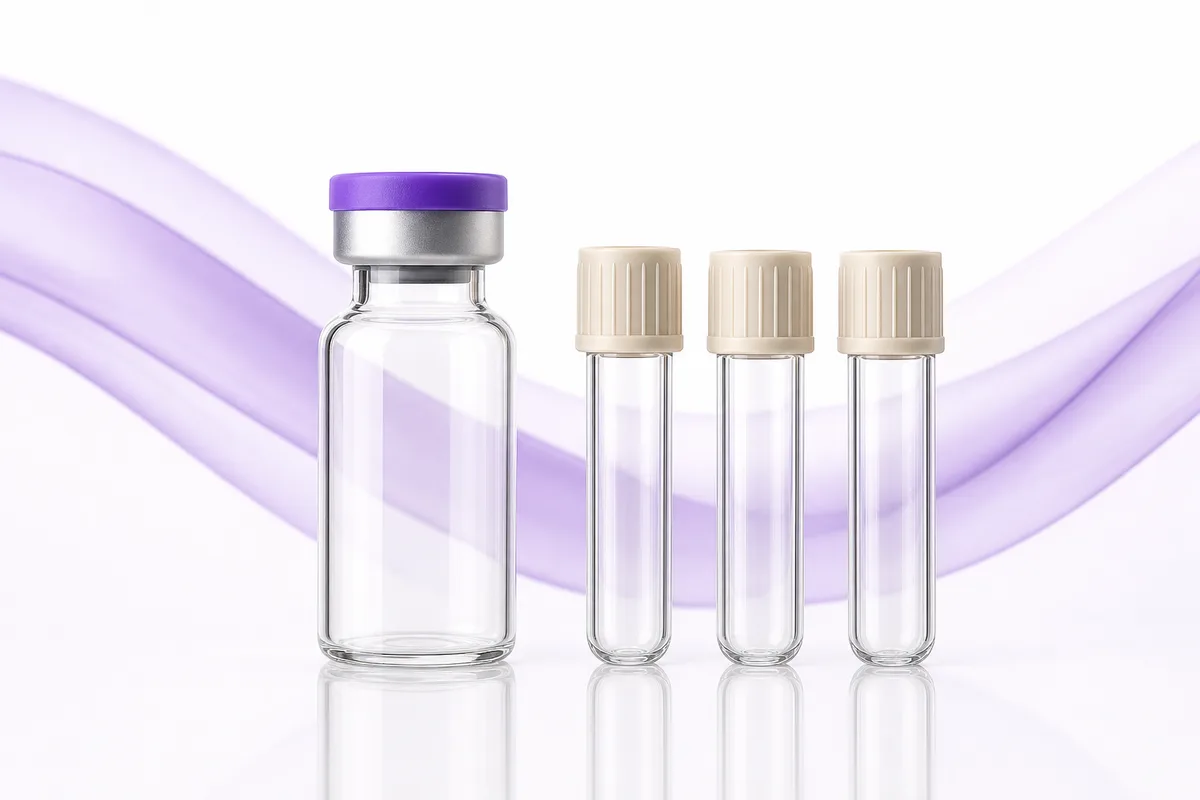 A peptide vial beside three capped blood collection tubes, illustrating lab monitoring around a protocol