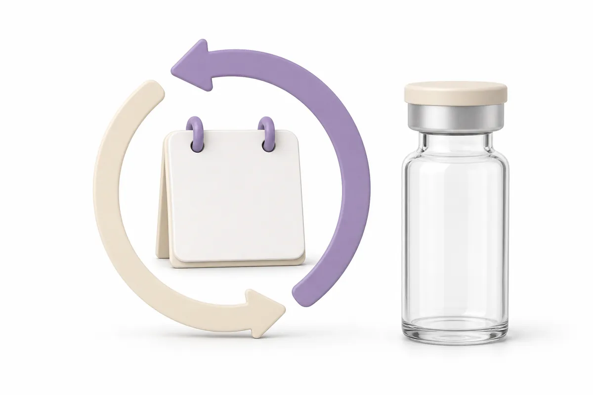A calendar of on and off periods beside peptide vials illustrating cycling protocols