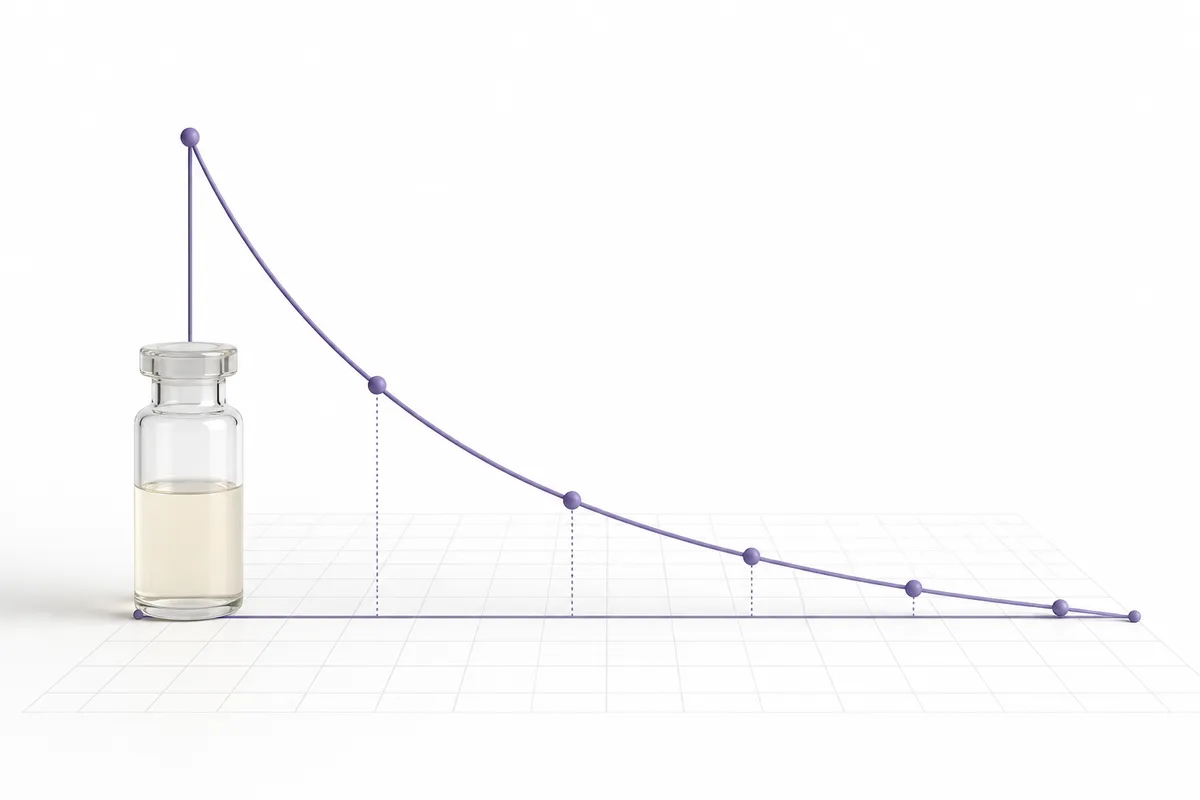 A decay curve of plasma peptide concentration halving over successive time intervals