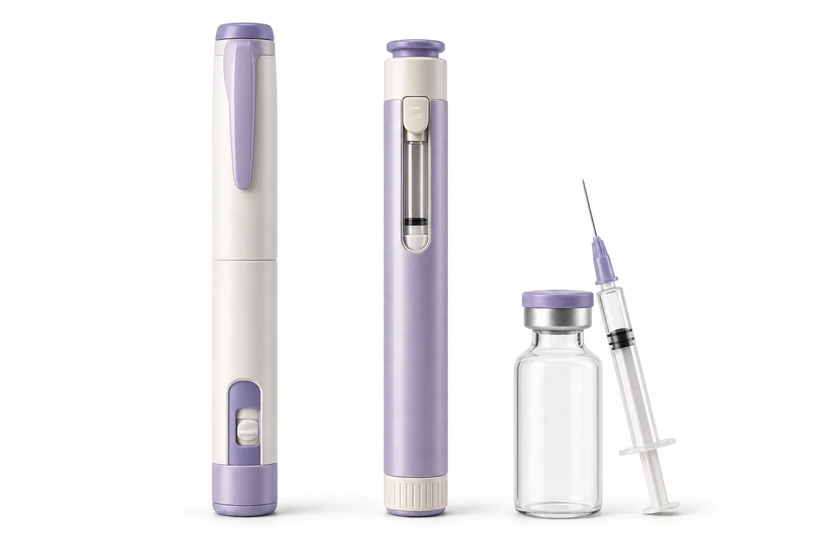A disposable dial pen, a reusable cartridge pen and a vial with insulin syringe in a row, illustrating peptide injector pen formats