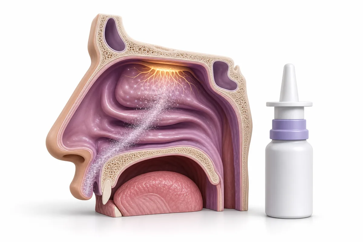 A nasal spray bottle beside peptide vials and a molecular weight chart illustrating intranasal bioavailability