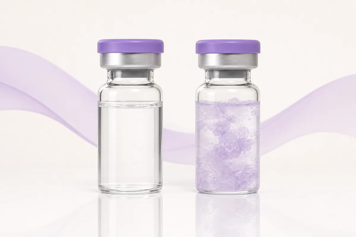 Two peptide vials side by side, one holding clear solution and one holding a cloudy gelled suspension that has not dissolved