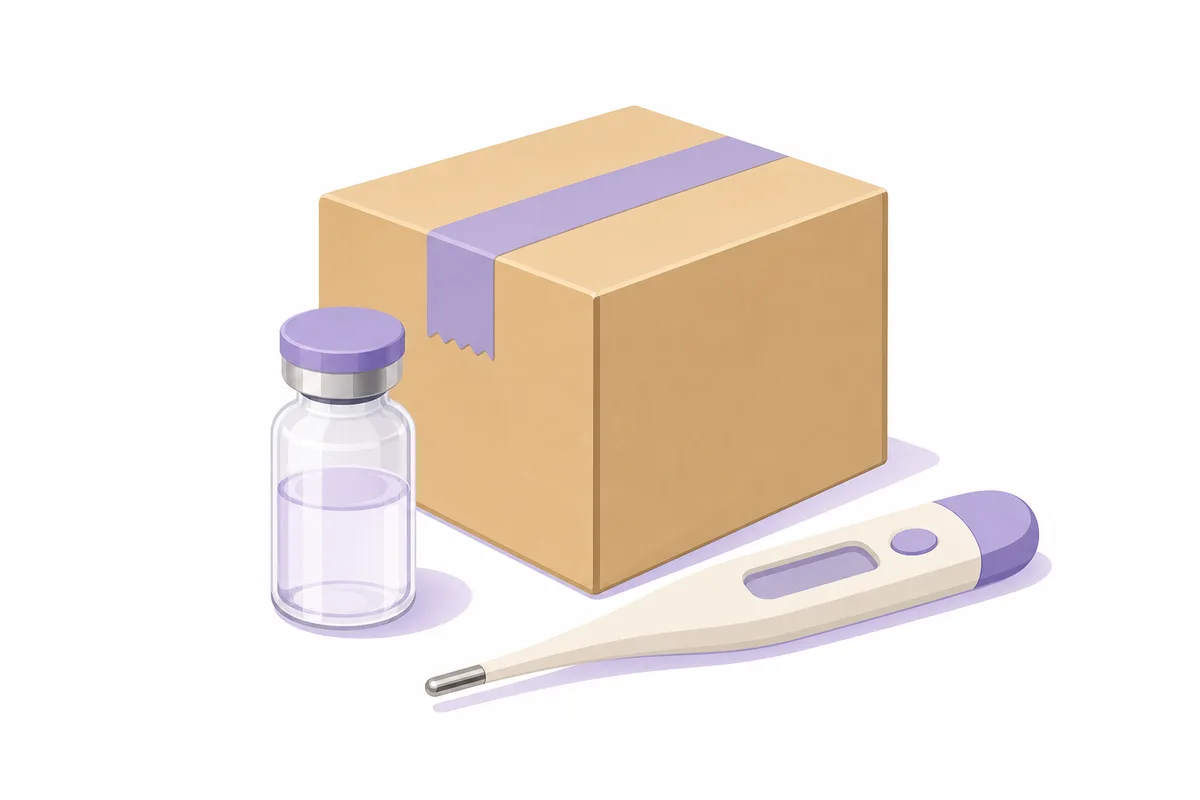 A shipping parcel with a peptide vial and a thermometer