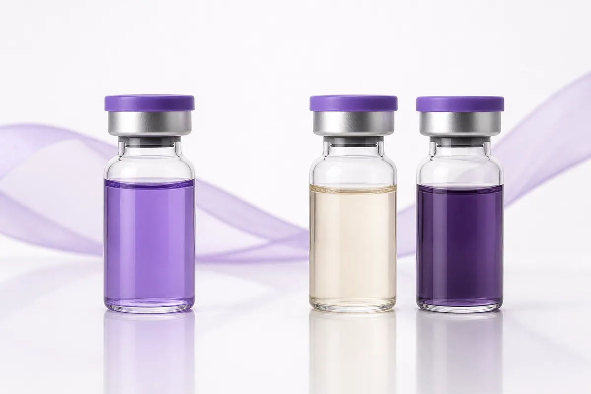 A single pre-blended violet vial beside two separate vials holding different compounds, illustrating blends versus buying separately
