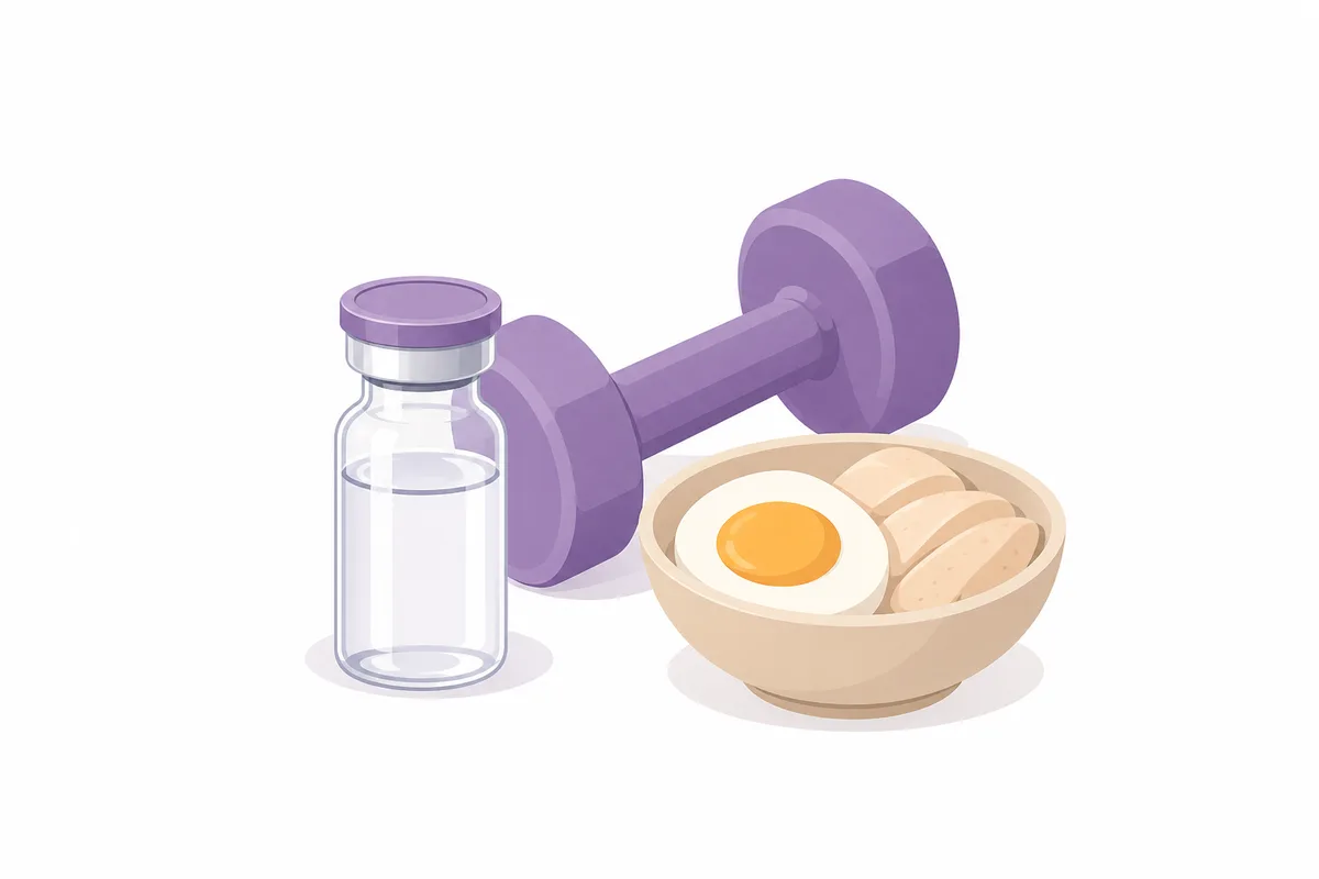 A peptide vial beside a dumbbell and protein food