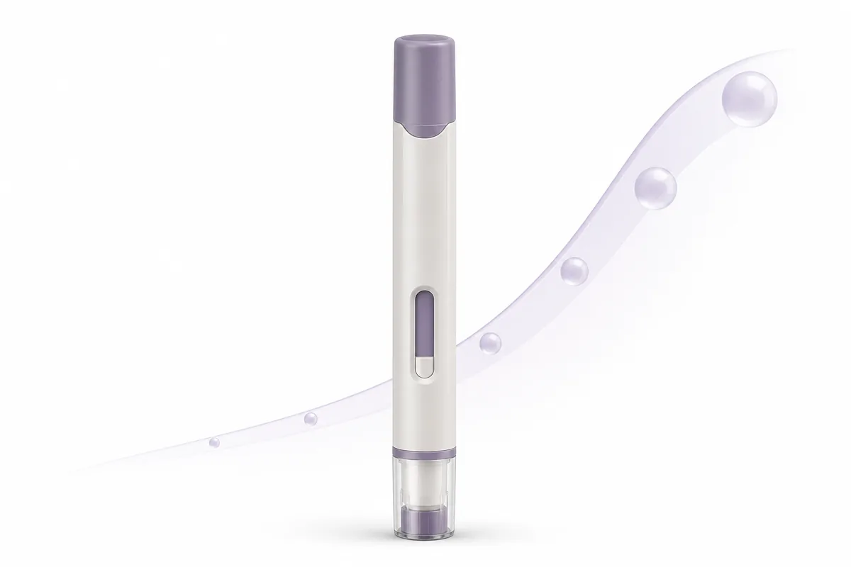An autoinjector pen with a rising dose-response curve, illustrating PT-141 bremelanotide dosing and side effects