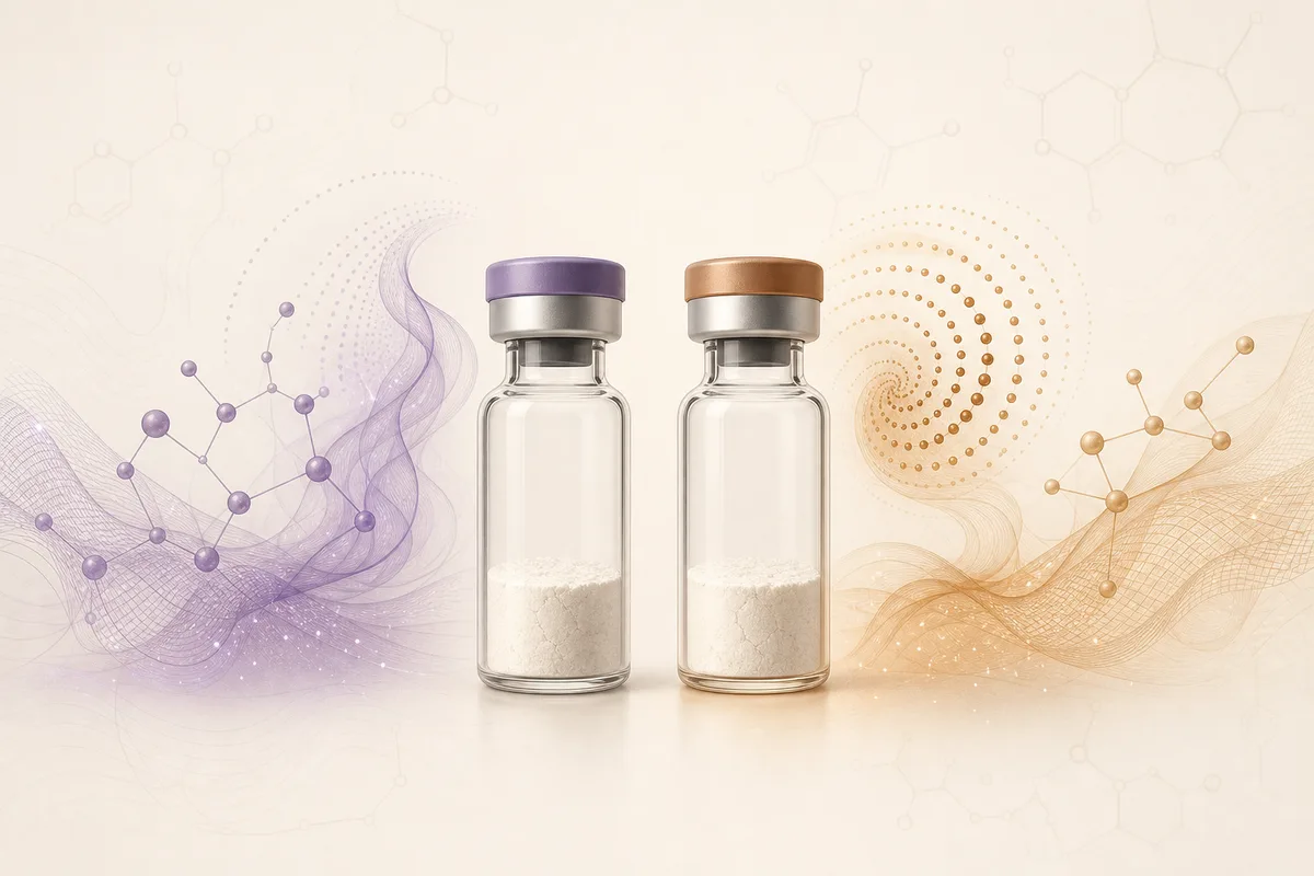 Two peptide vials in violet and bronze tones, illustrating PT-141 versus Melanotan 2 as melanocortin cousins