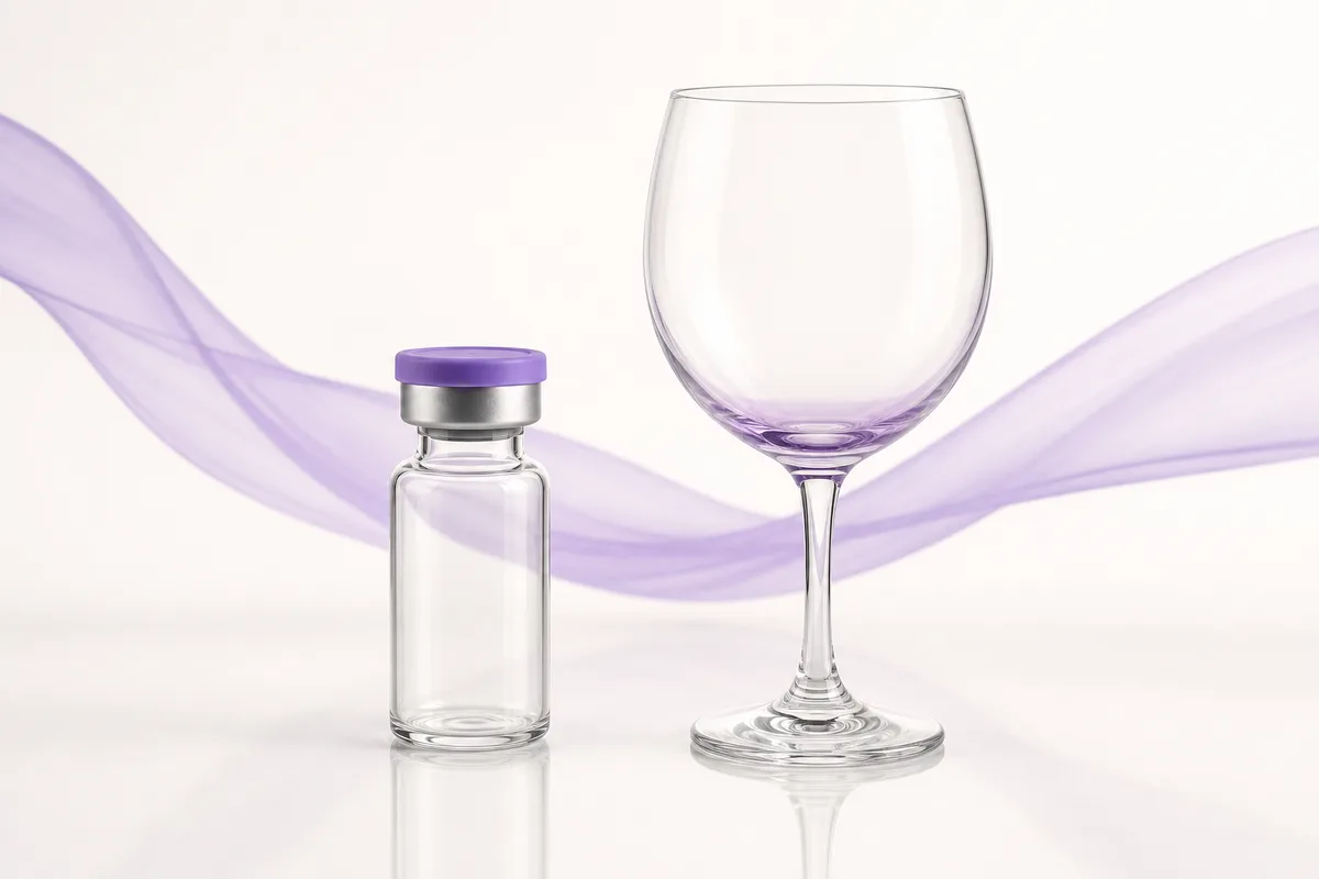 A peptide vial beside an empty stemmed glass with faint violet residue, illustrating retatrutide and alcohol together