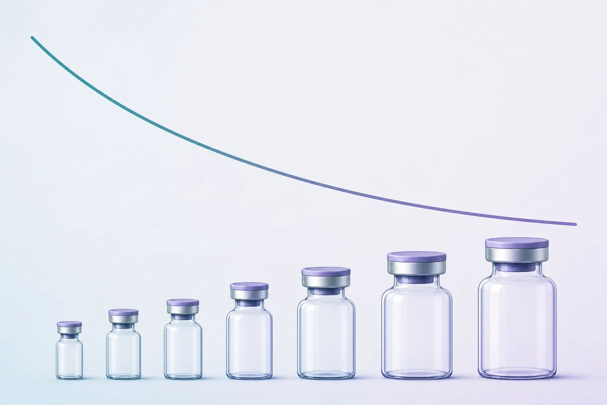 A row of retatrutide vials in ascending sizes beside a descending cost-per-milligram curve and a euro price label.