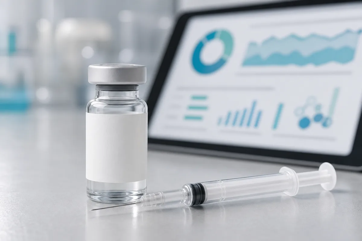 A retatrutide vial beside an insulin syringe and a reconstitution calculator showing mg per mL and unit conversions.