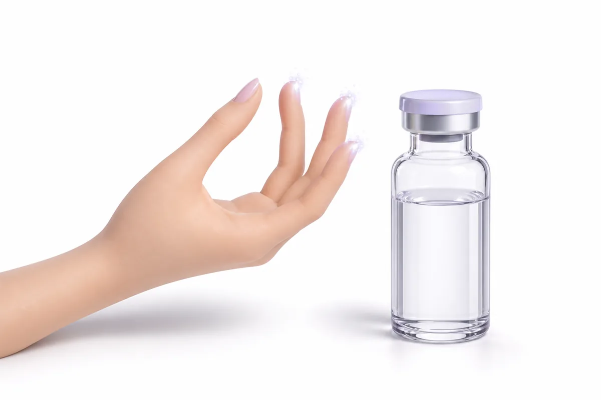 A stylized hand with glowing sparks at the fingertips beside a peptide vial, illustrating retatrutide dysesthesia and tingling
