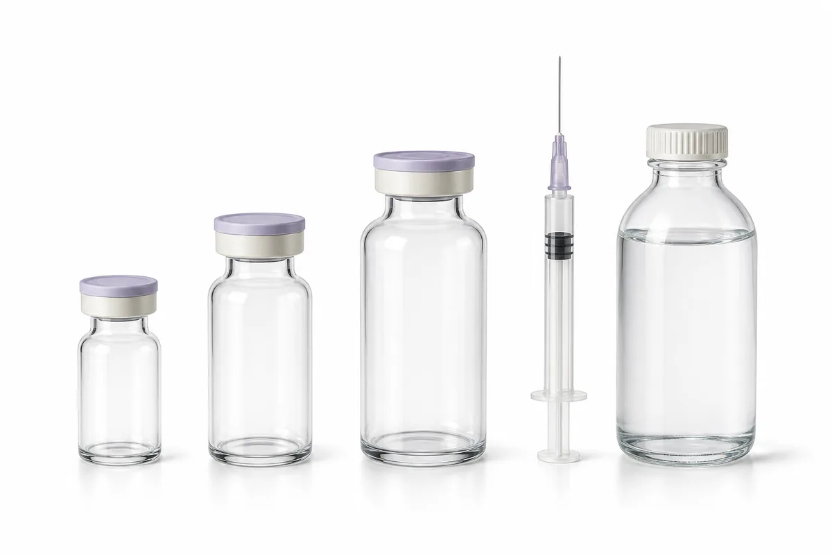 Three vials of increasing size beside an insulin syringe and bacteriostatic water, illustrating retatrutide reconstitution math