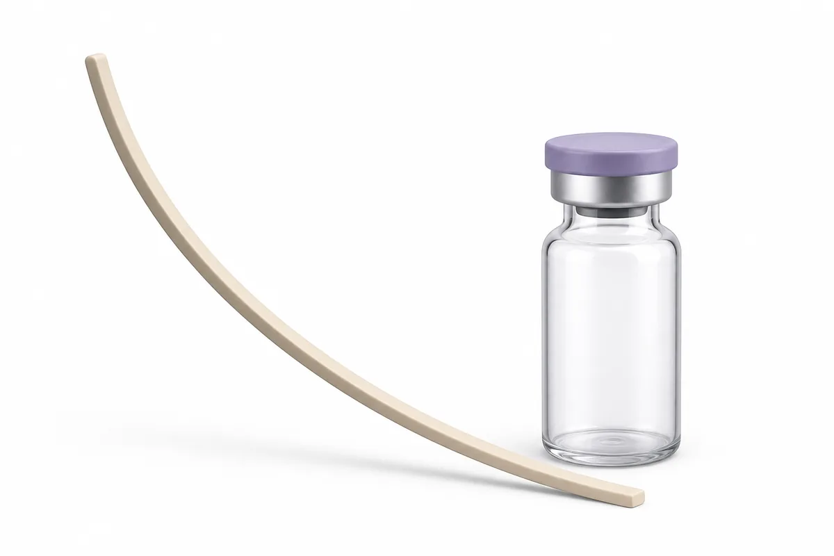 A long descending weight-loss curve that does not flatten, beside a peptide vial, illustrating retatrutide TRIUMPH-1 phase 3 results