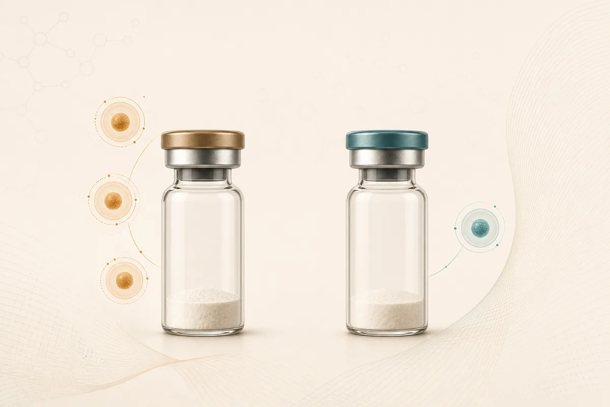 Two peptide vials, one marked with three receptor dots and one with a single dot, illustrating retatrutide triple versus semaglutide single agonism