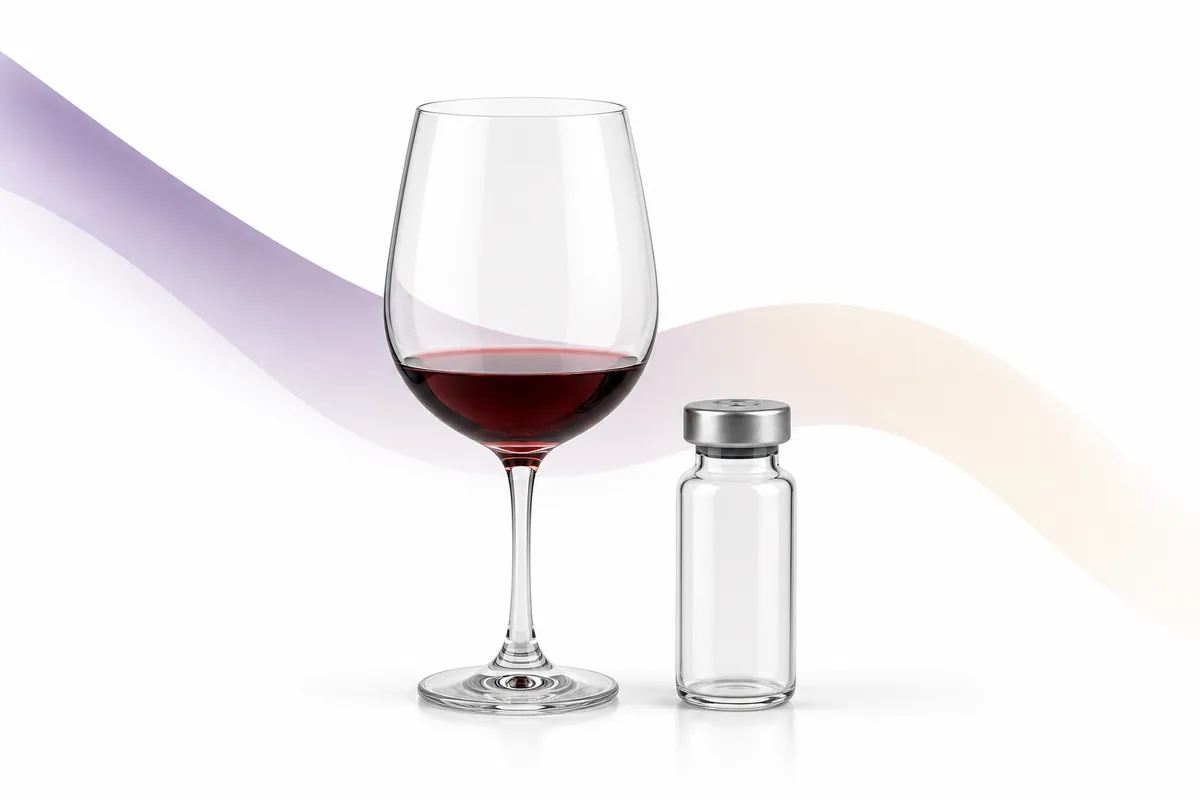 A wine glass beside a peptide vial with a descending curve, illustrating research on semaglutide and alcohol cravings