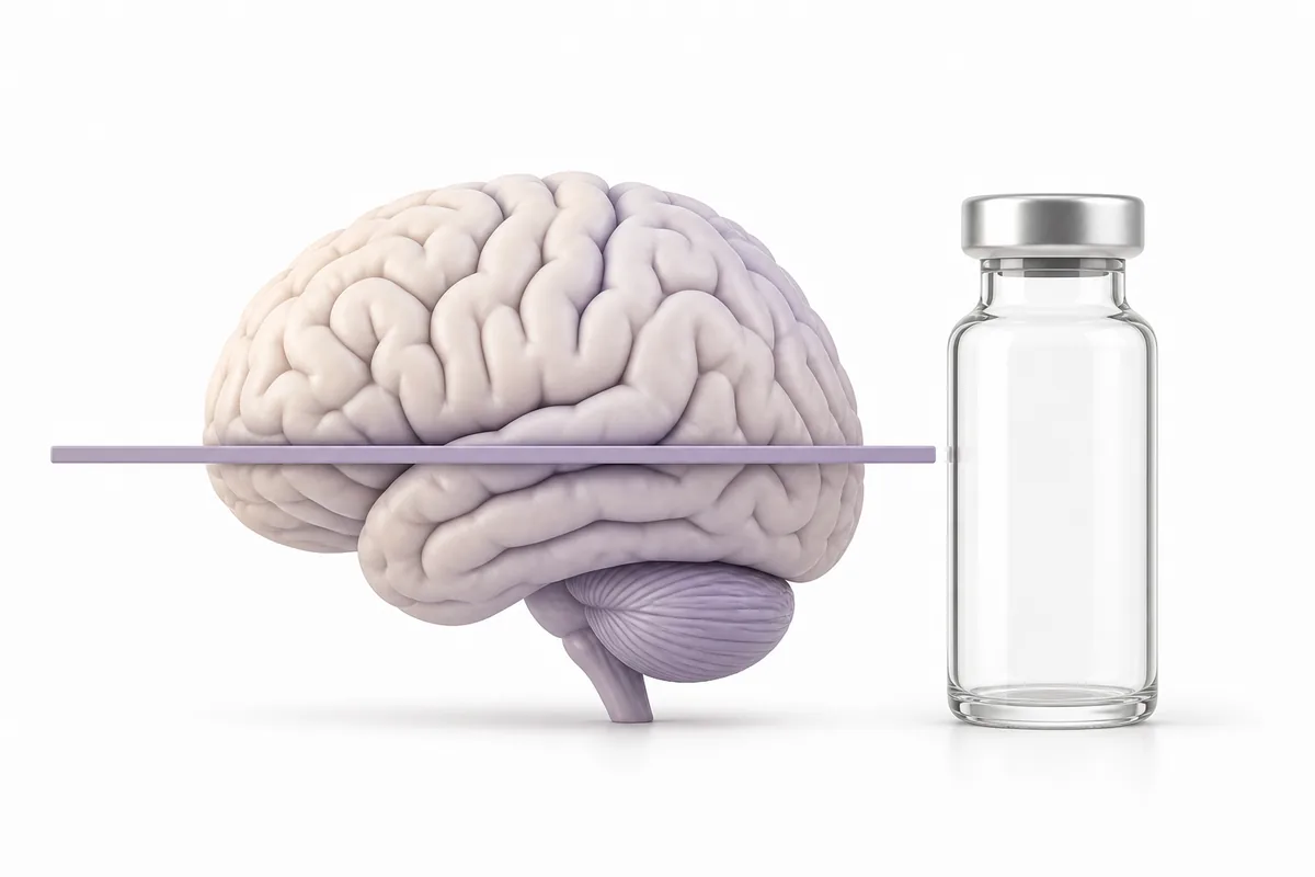 A brain with a flat unchanged measurement line beside a vial, illustrating the null EVOKE result for semaglutide in Alzheimer's