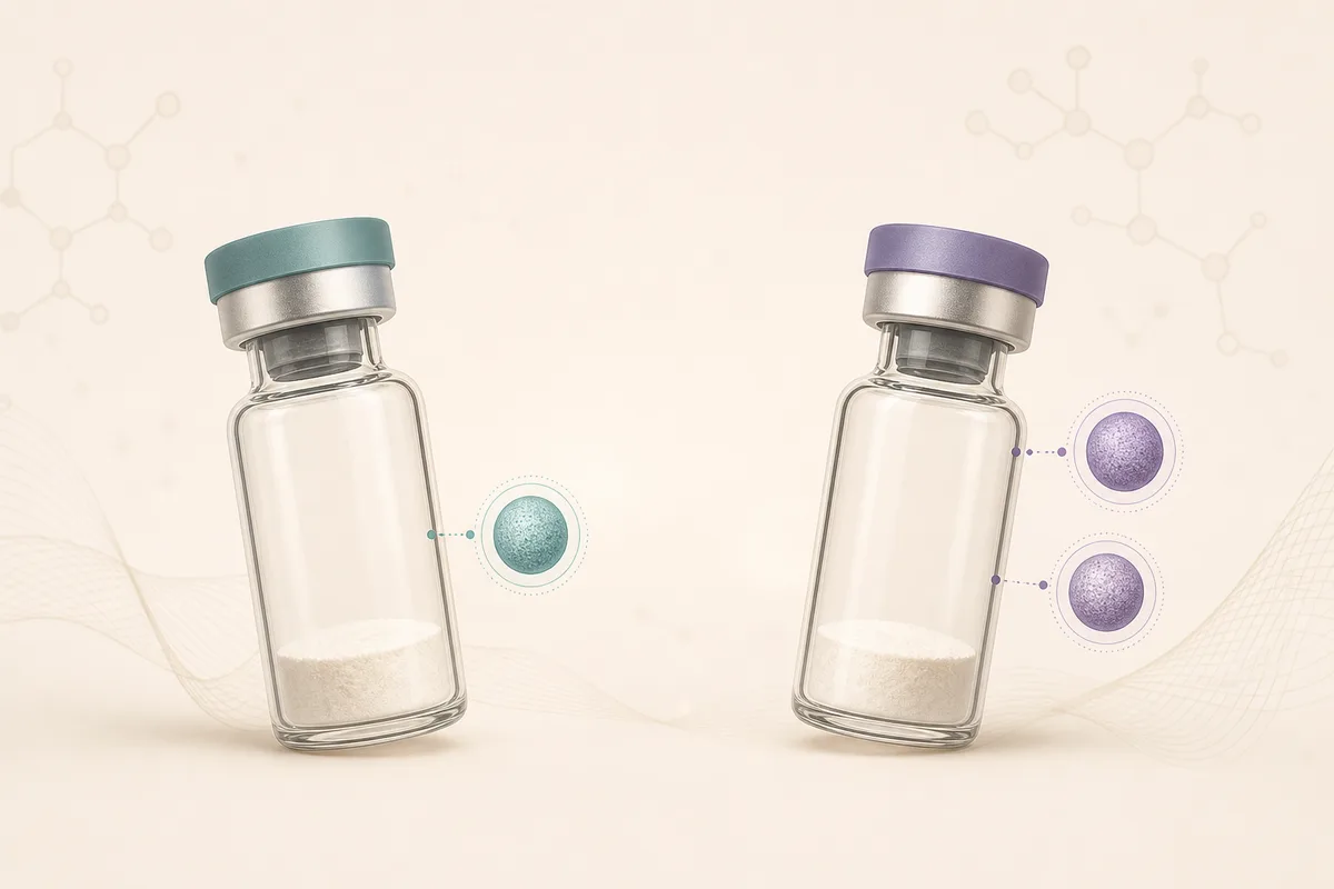 Two peptide vials facing each other, one with a single receptor dot and one with two, illustrating semaglutide single versus tirzepatide dual receptor mechanism