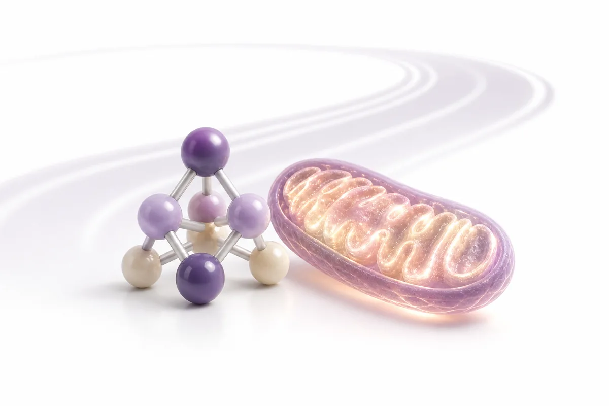 A small-molecule structure beside a glowing mitochondrion on a running track, illustrating SLU-PP-332 as an ERR agonist exercise mimetic
