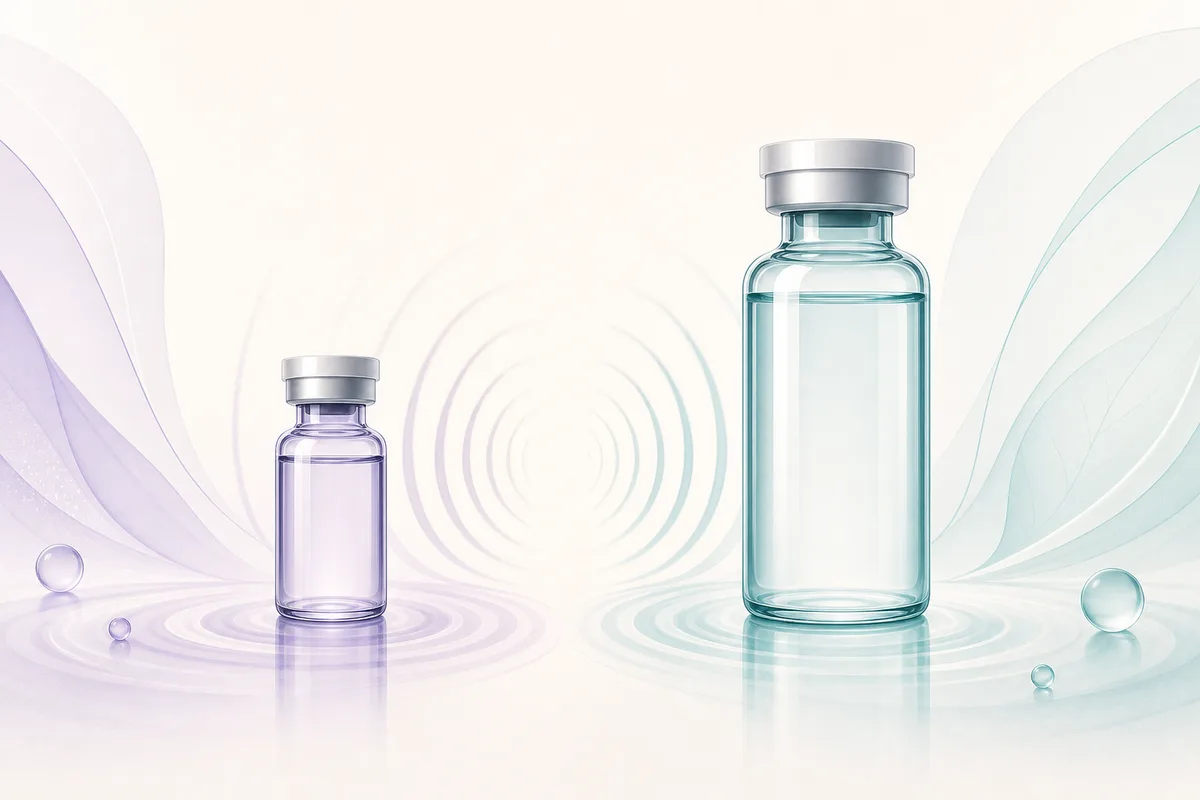 Two lyophilised cosmetic peptide vials labelled SNAP-8 and Argireline beside a U-100 insulin syringe and a jar of unscented cream base.
