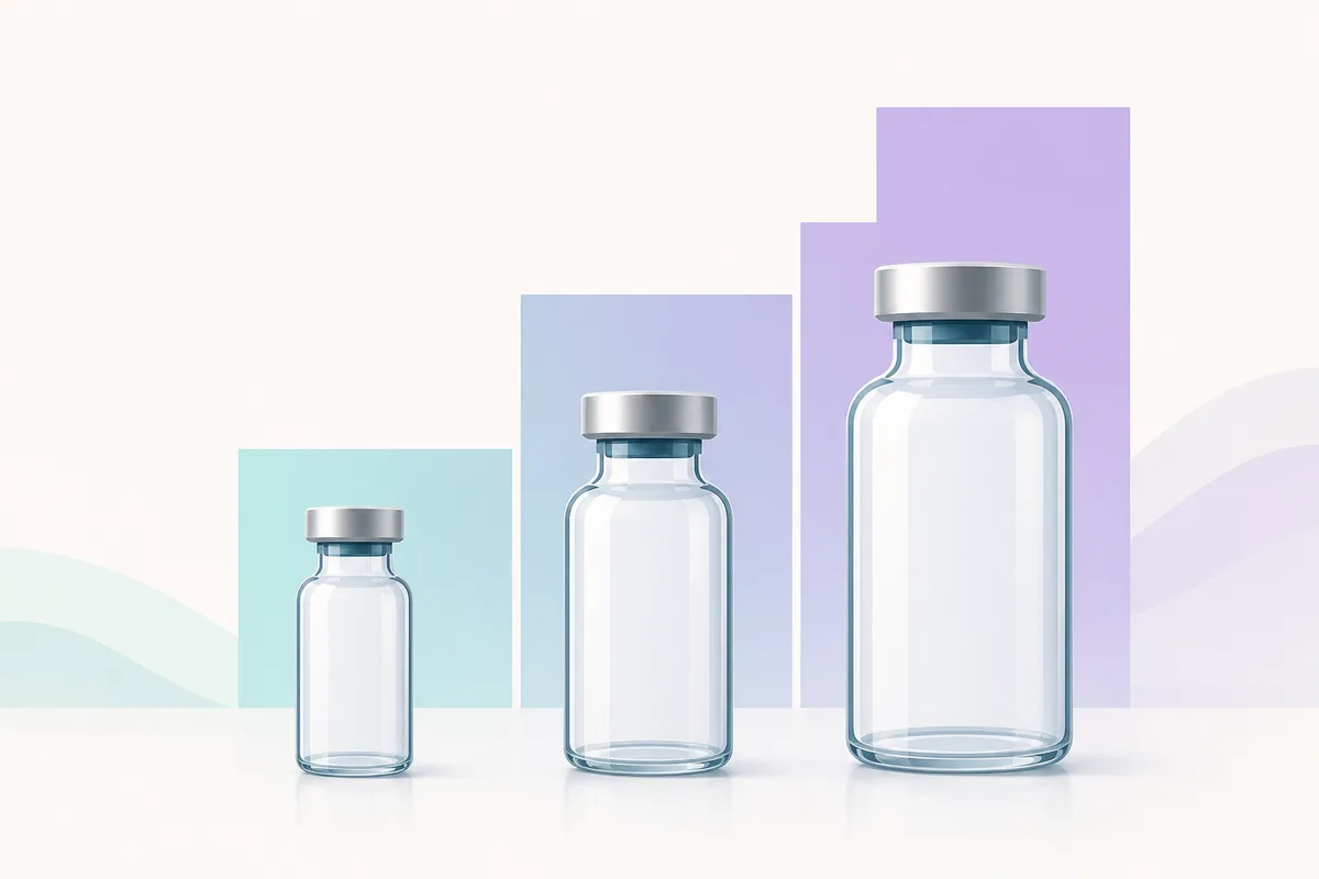 Three SS-31 vials in 5mg, 10mg and 50mg sizes lined up beside a U-100 insulin syringe and a printed dosage chart.