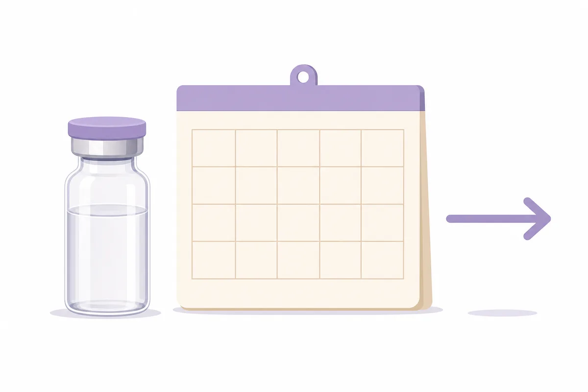 A peptide vial beside a wall calendar and a steady arrow