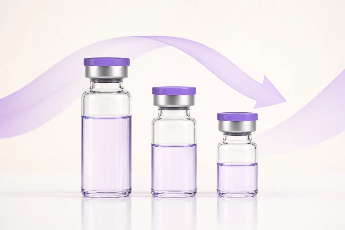 Three peptide vials of different sizes with a violet arrow curving from the first to the last, illustrating switching between non-equivalent compounds
