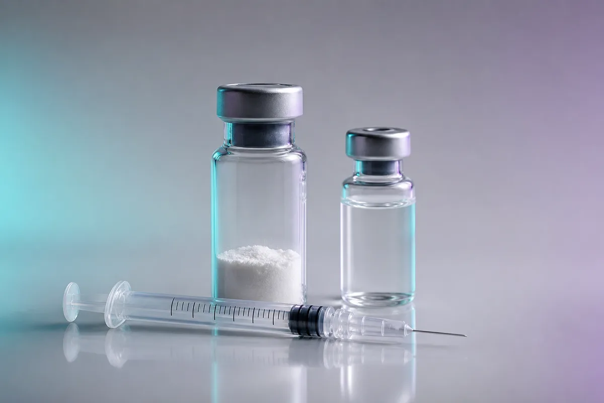 A lyophilised peptide vial beside an insulin syringe and bacteriostatic water, lit with a teal accent
