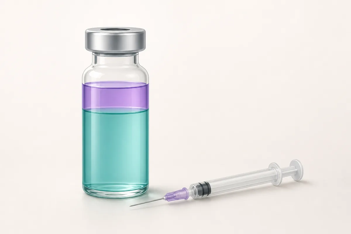 A 15mg tesamorelin and ipamorelin blend vial beside a U-100 insulin syringe and a notepad showing the 2:1 per-component dose split.