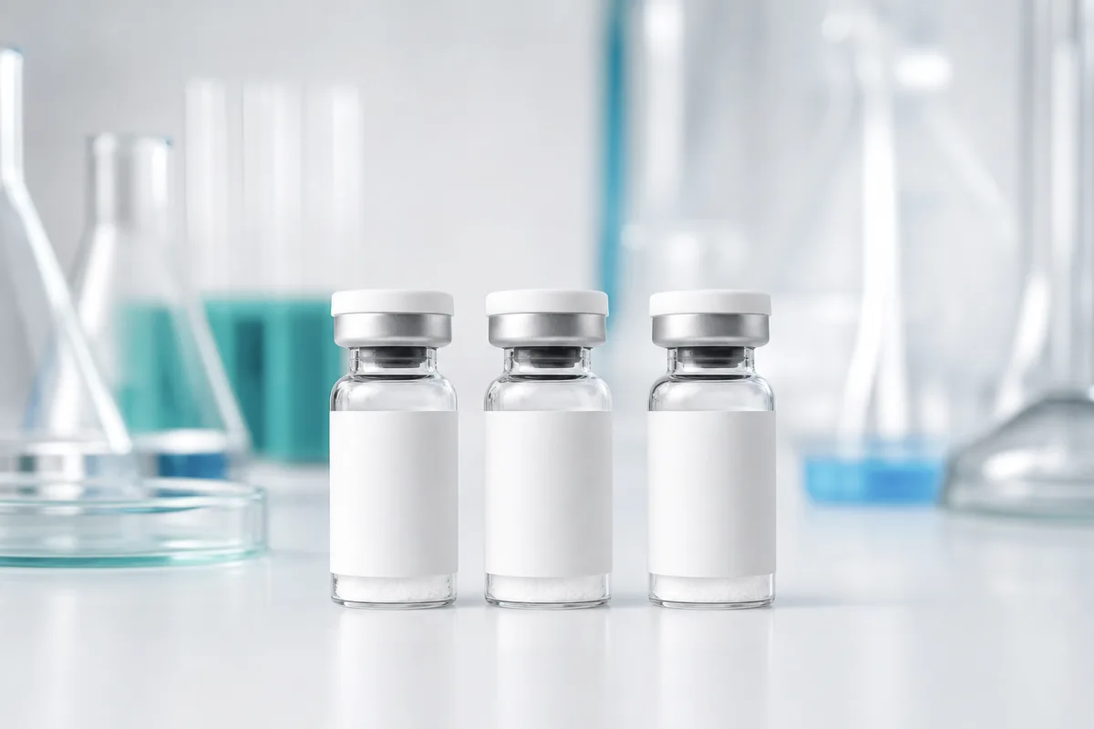 Three vials of bioregulator peptides labeled Timalina, Pinealon and Epitalon on a laboratory background.