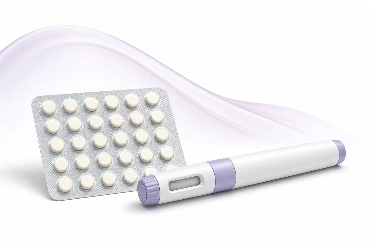 A blister pack of oral contraceptive tablets beside an injector pen, illustrating the tirzepatide birth control absorption interaction
