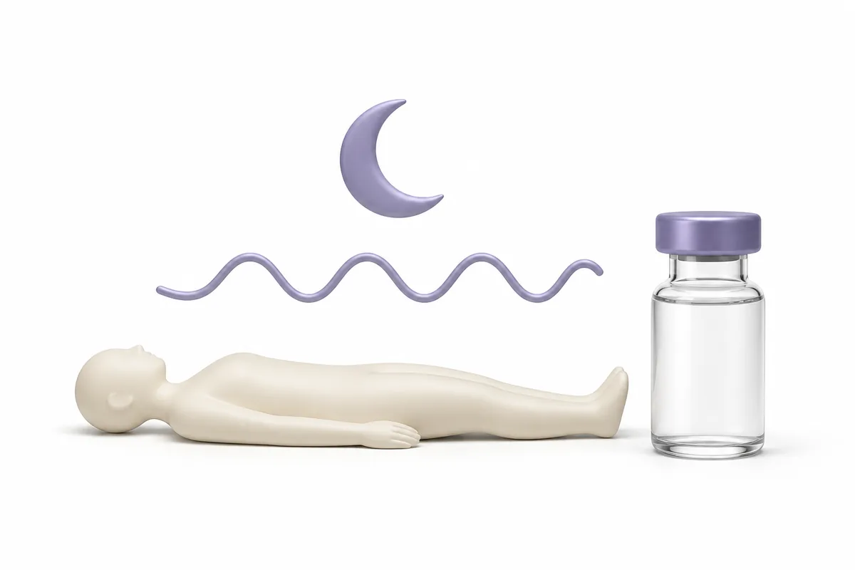 A crescent moon and calm breathing waveform above a resting figure beside a vial, illustrating tirzepatide research on sleep apnea