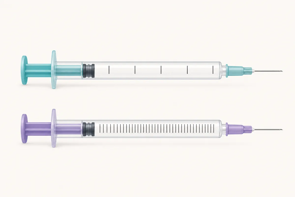 A U-40 insulin syringe and a U-100 insulin syringe laid side by side, both filled to the same printed mark but holding visibly different volumes.