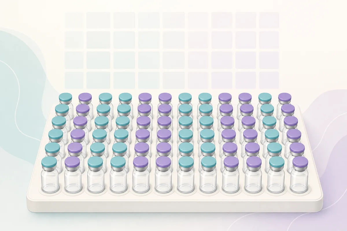 A row of ten peptide vials arranged in a planning grid beside a rising dose ladder and a running milligram total.