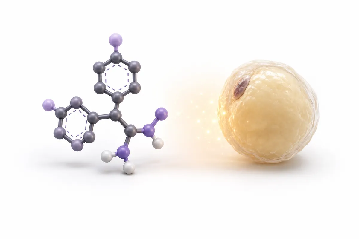 A small-molecule ball-and-stick structure beside a shrinking fat cell, illustrating 5-Amino-1MQ as an NNMT inhibitor studied for metabolic fat loss