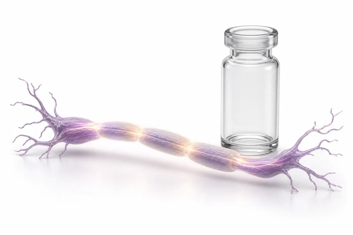 An 11-amino-acid peptide chain beside a repairing nerve fiber, illustrating ARA-290 innate repair receptor research