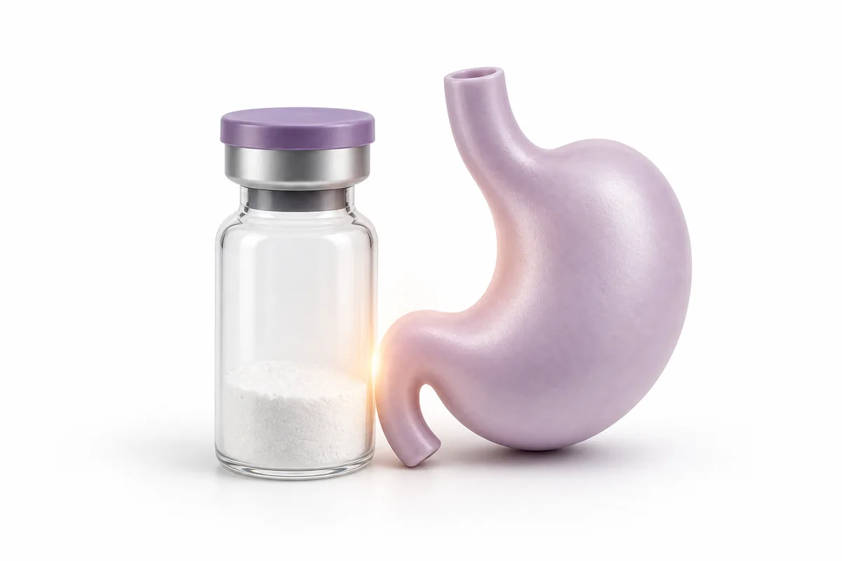 A peptide vial beside a stylized stomach, illustrating BPC-157 gut-derived healing research