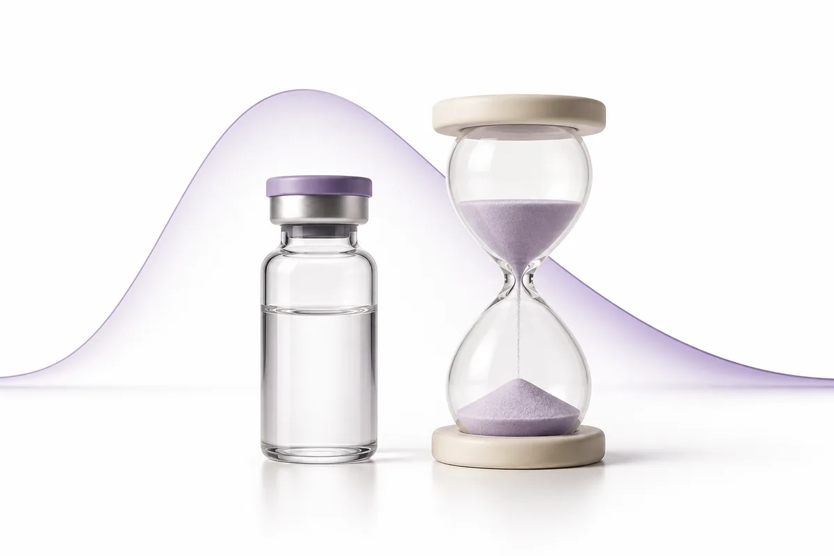 An hourglass beside a peptide vial, illustrating cagrilintide as a long-acting amylin analog