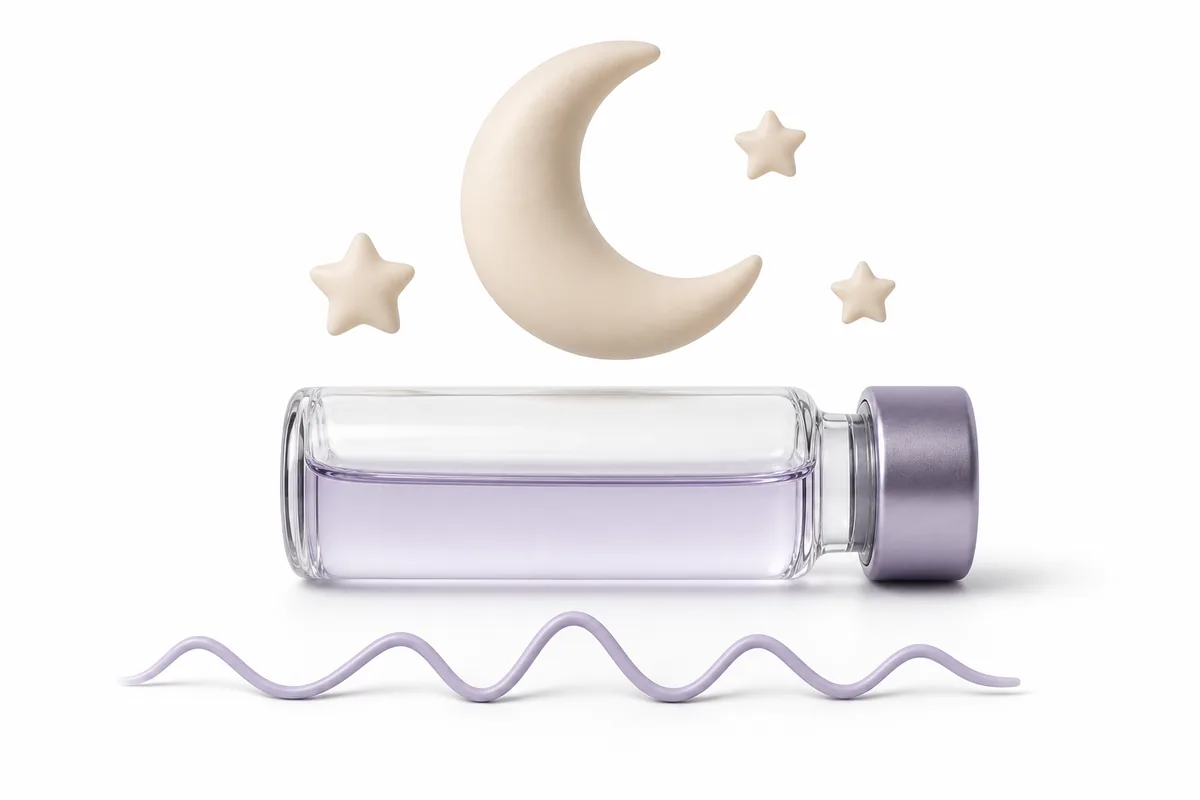 A crescent moon and calm brainwave above a vial, illustrating DSIP delta sleep-inducing peptide research