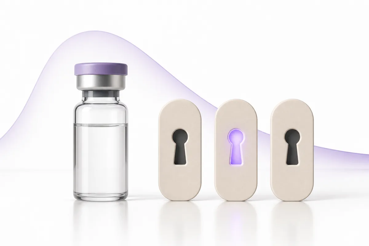 Three keyhole plates beside a peptide vial with only one lit violet, illustrating eloralintide selectivity for the AMY1R receptor