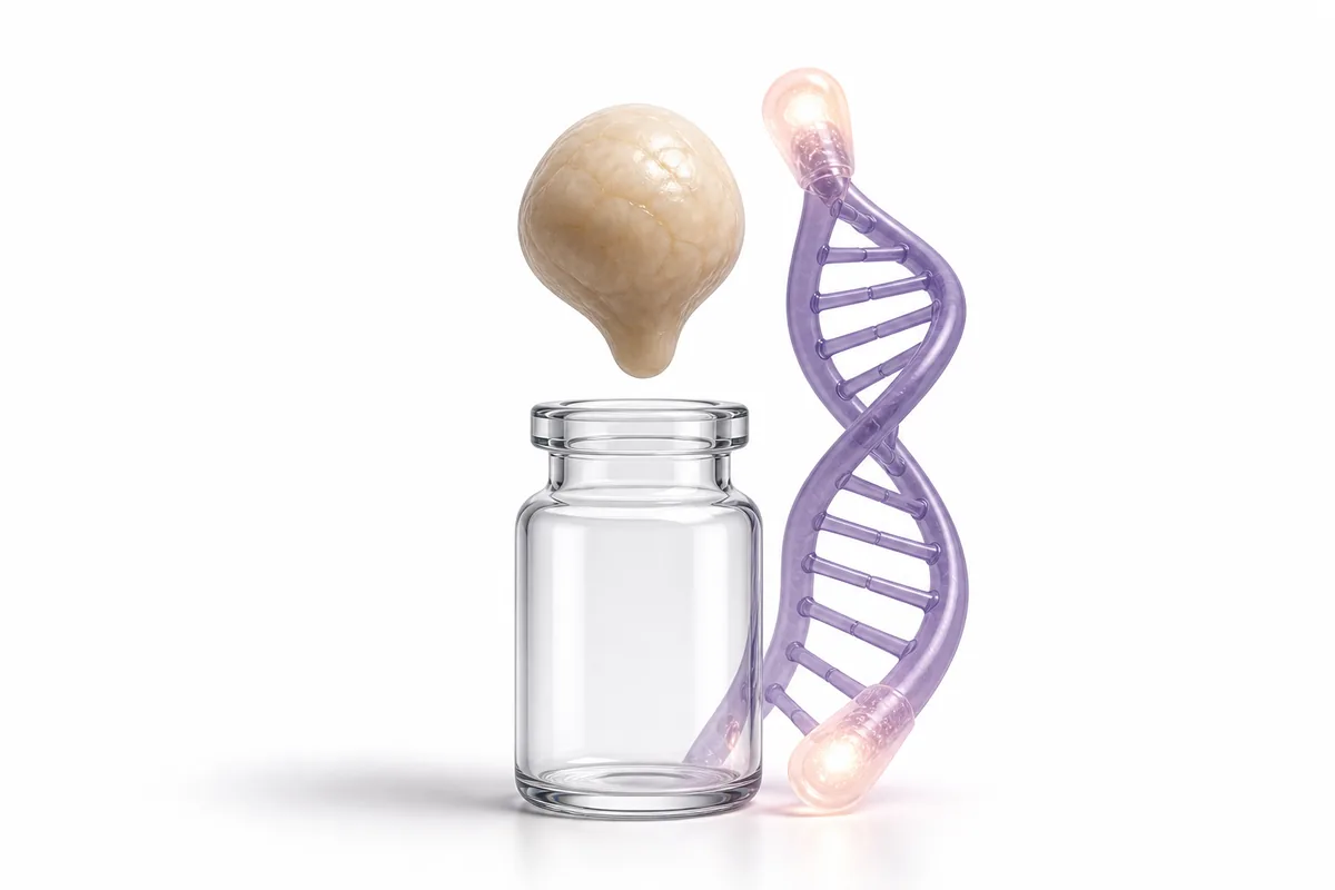 A pineal gland and DNA strand with glowing telomere caps, illustrating epithalon telomerase research