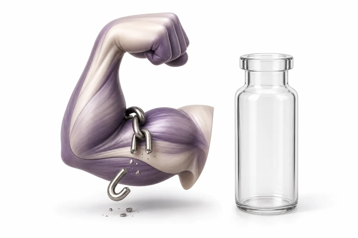 A follistatin protein clamping onto a myostatin molecule beside a research vial, illustrating myostatin neutralisation and muscle growth
