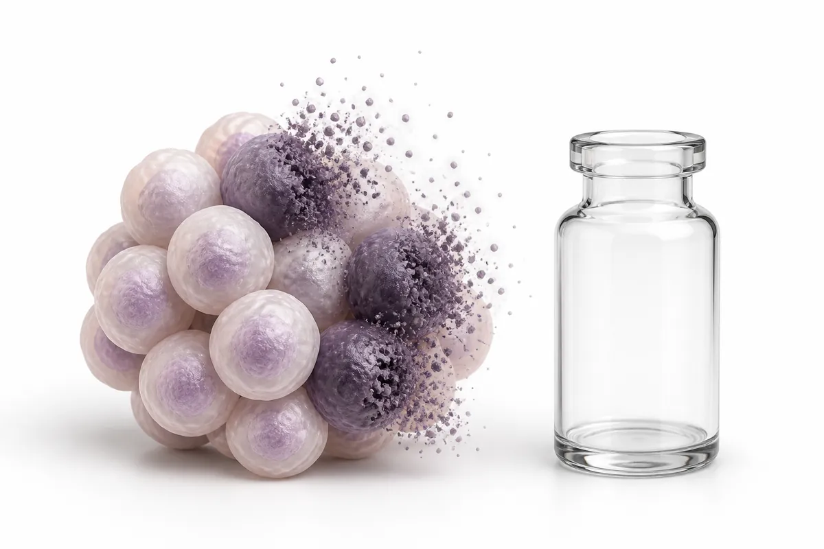 A cluster of aged senescent cells being cleared while healthy cells remain, illustrating the FOXO4-DRI senolytic peptide