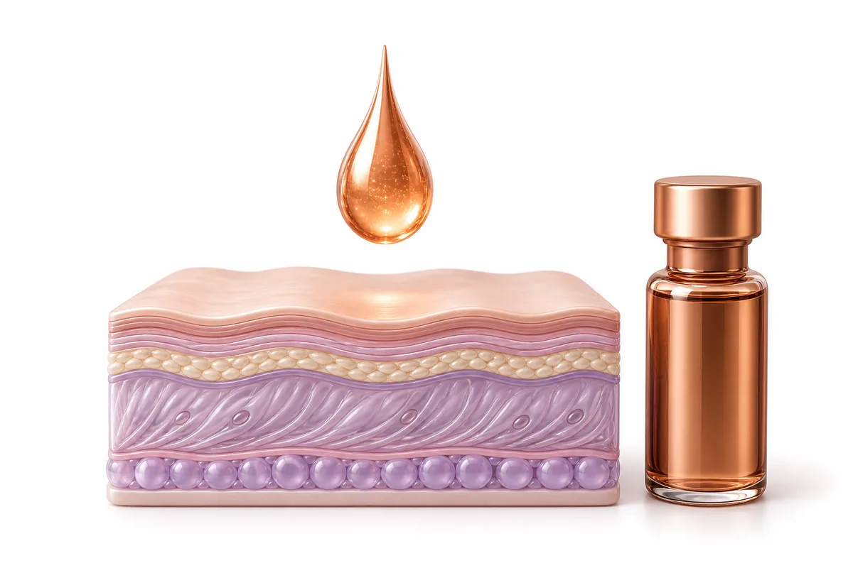 A copper-toned droplet above cross-sectioned skin layers, illustrating GHK-Cu copper peptide skin remodeling