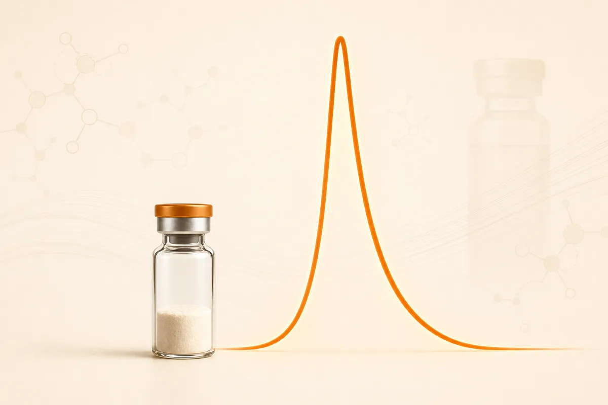 A peptide vial beside a single tall, dominant growth-hormone pulse peak, illustrating hexarelin as the most potent GHRP